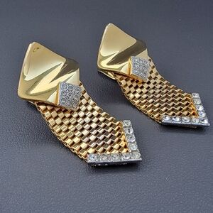 Vintage Gold-Tone Watchband Mesh Clip-On Earrings with Rhinestone Accents